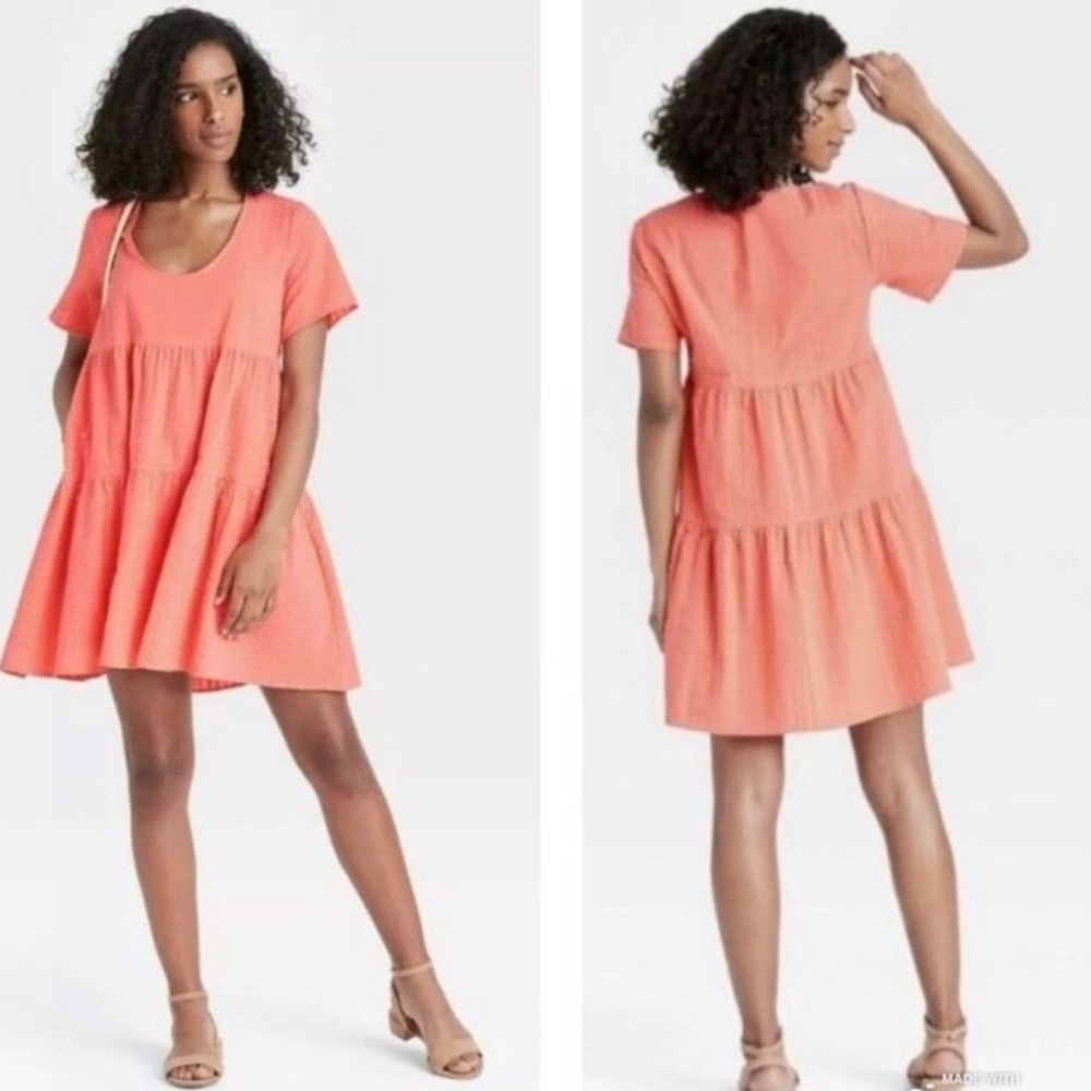 A New Day‎ Textured Babydoll Tiered Dress XL Coral Pink Orange Universal Thread